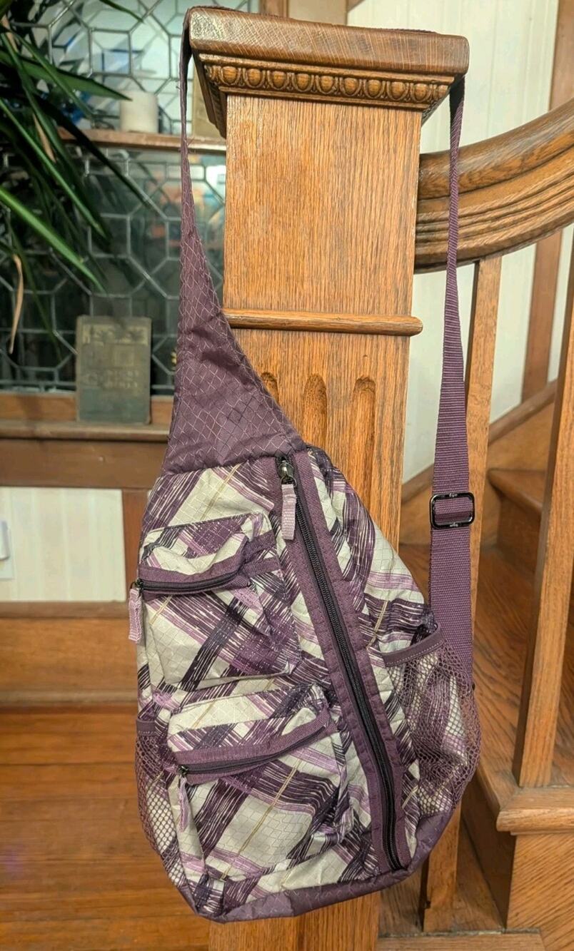 Thirty-One Sling Back Bag One Shoulder Crossbody Striped Purple 15x11x5